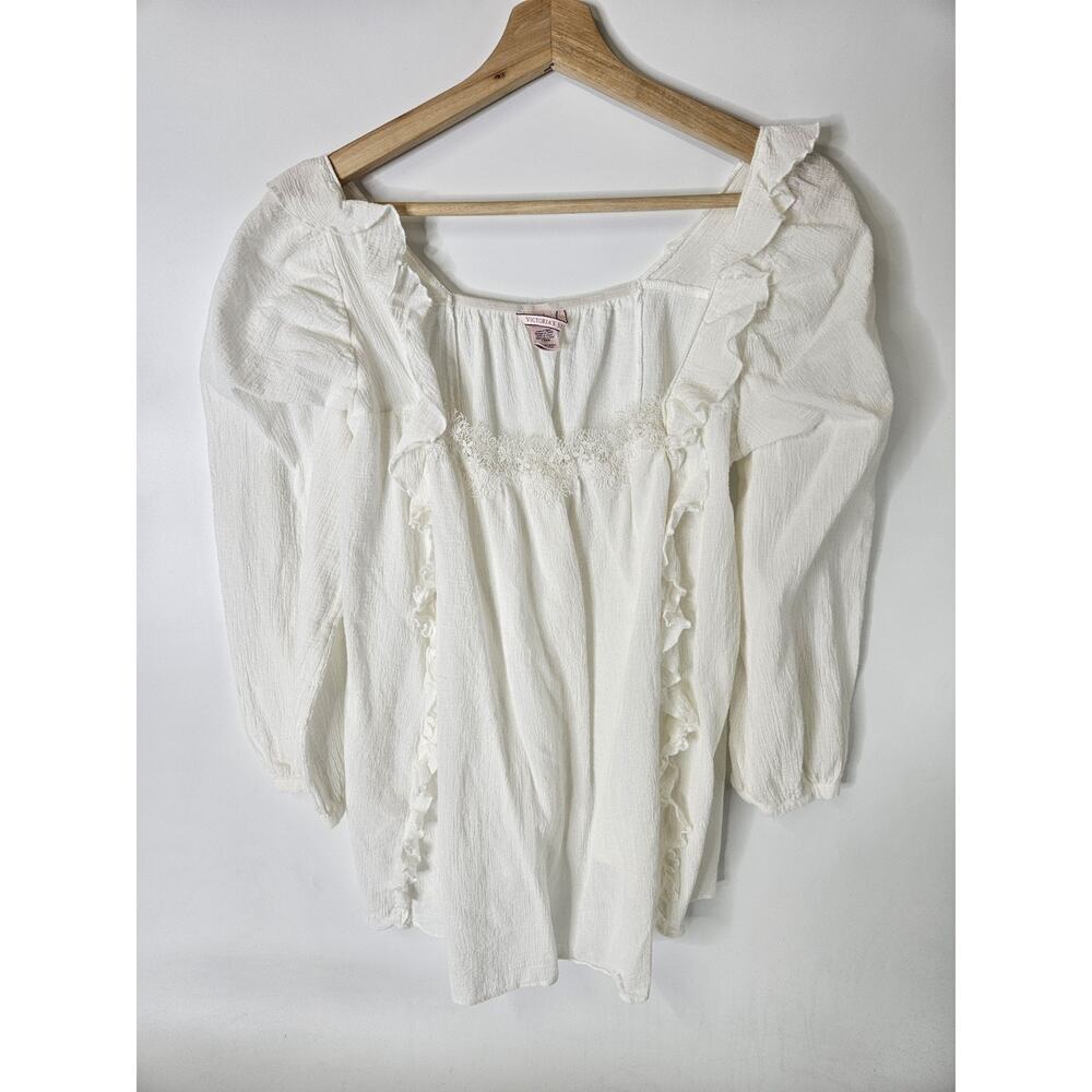 Victoria's Secret Floral Lace Trim Ruffle Boho Cotton Tunic Top White Size XS